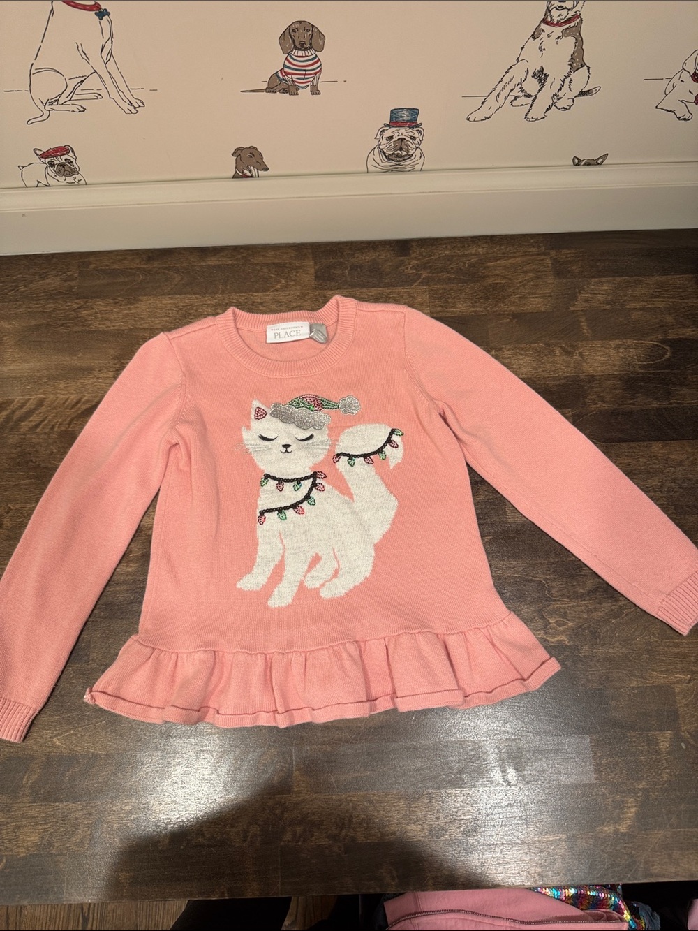 The Children's Place Holiday Pink Cat Sweater with Ruffle Hem